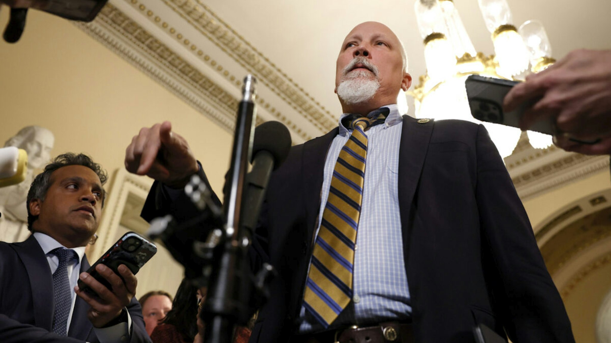 U.S. Rep. Chip Roy (R-TX) speaks to reporters about his opposition to U.S. Speaker of the House Mike Johnson's (R-LA) proposed government funding legislation inside the U.S. Capitol building on November 13, 2023 in Washington, DC.