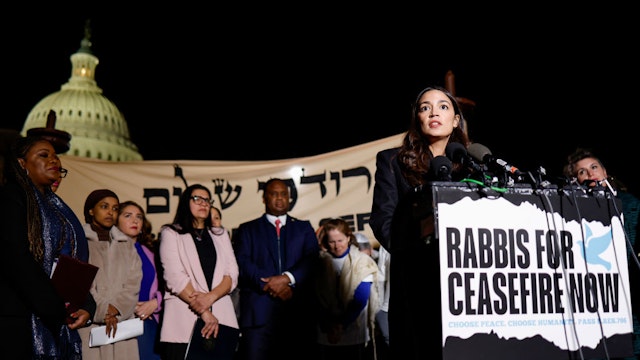 WASHINGTON, DC - NOVEMBER 13: U.S. Rep. Alexandria Ocasio-Cortez (D-NY) speaks at a news conference calling for a ceasefire in Gaza outside the U.S. Capitol building on November 13, 2023 in Washington, DC. House Democrats held the news conference alongside rabbis with the activist group Jewish Voices for Peace. (Photo by Anna Moneymaker/Getty Images)