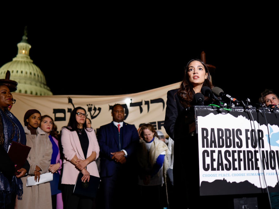 WASHINGTON, DC - NOVEMBER 13: U.S. Rep. Alexandria Ocasio-Cortez (D-NY) speaks at a news conference calling for a ceasefire in Gaza outside the U.S. Capitol building on November 13, 2023 in Washington, DC. House Democrats held the news conference alongside rabbis with the activist group Jewish Voices for Peace. (Photo by Anna Moneymaker/Getty Images)