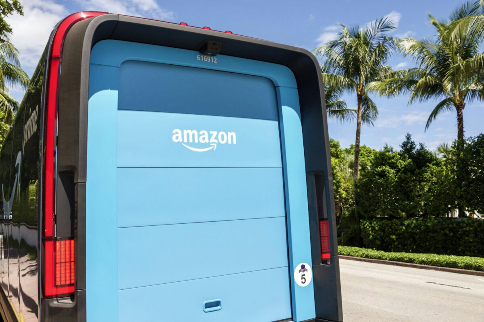 Miami Beach, Florida, North Beach, Amazon Prime EV delivery van.