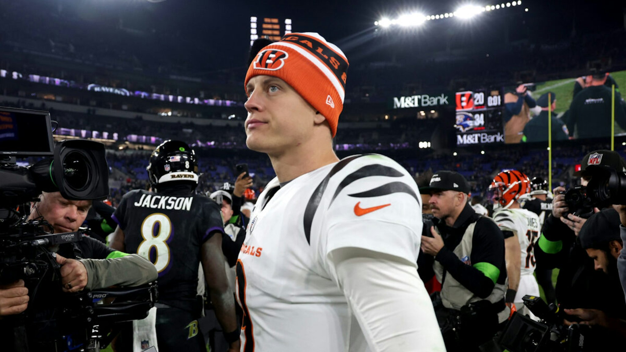 BALTIMORE, MARYLAND - NOVEMBER 16: Joe Burrow #9 of the Cincinnati Bengals walks off the field following the Bengals loss to the Baltimore Ravens at M&amp;T Bank Stadium on November 16, 2023 in Baltimore, Maryland.