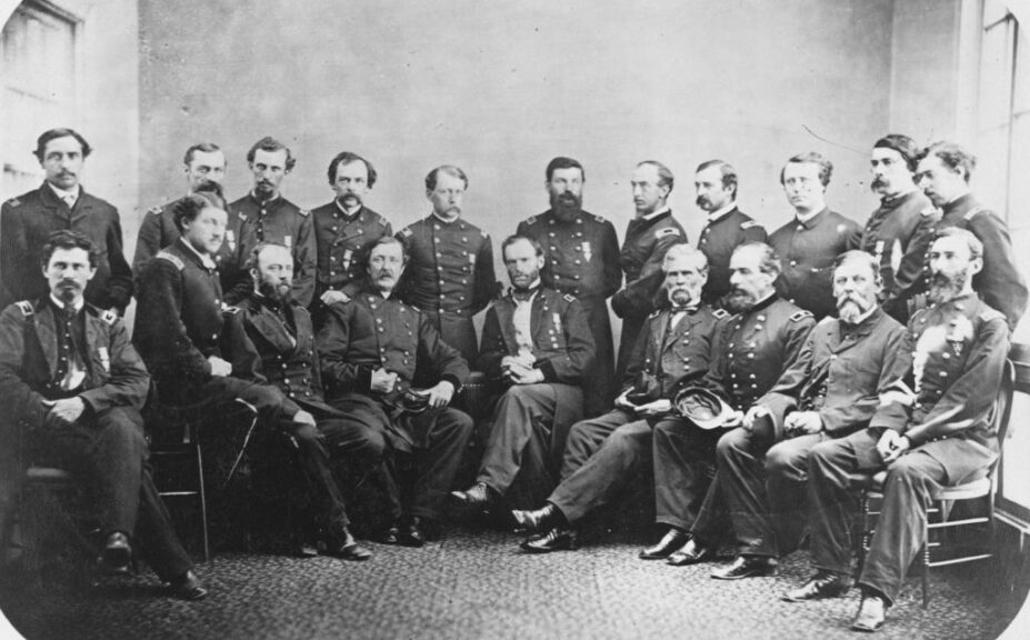 Gen. William T. Sherman & staff; Sherman served under General Ulysses S. Grant in 1862 and 1863 during the campaigns that led to the fall of the Confederate stronghold of Vicksburg on the Mississippi River and culminated with the routing of the Confederate armies in the state of Tennessee. In 1864, Sherman succeeded Grant as the Union commander in the western theater of the war. He proceeded to lead his troops to the capture of the city of Atlanta, a military success that contributed to the re-election of President Abraham Lincoln. Sherman's subsequent march through Georgia and the Carolinas further undermined the Confederacy's ability to continue fighting. He accepted the surrender of all the Confederate armies in the Carolinas, Georgia, and Florida in April 1865. (Photo by Matthew Brady/Buyenlarge/Getty Images)