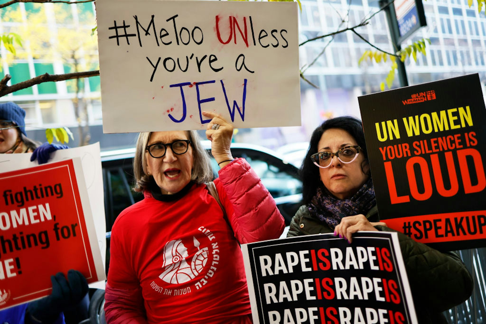 NEW YORK, NEW YORK - NOVEMBER 27: Protestors gather at the offices of the United Nations Women on November 27, 2023 in New York City. The group Bring Them Home Now held a protest to observe International Day for the Elimination of Violence against Women to bring attention to the Israeli women who were allegedly raped during the terror attack by the militant group Hamas on October 7th. (Photo by Michael M. Santiago/Getty Images)
