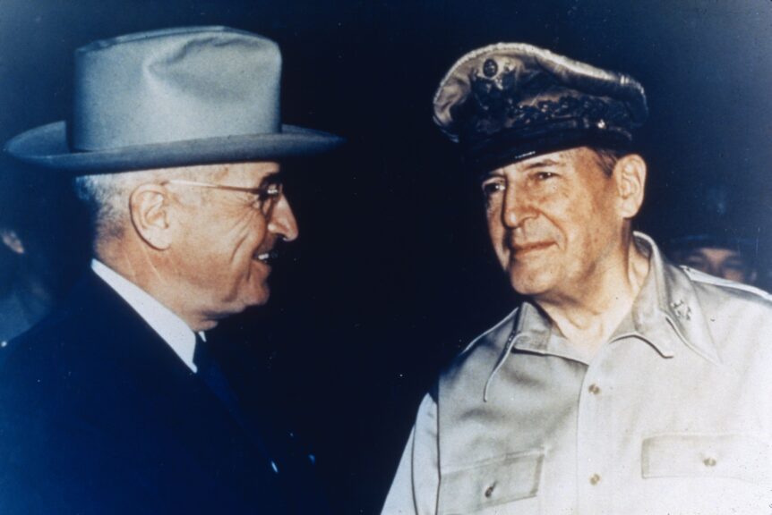 View of US President Harry S Truman (1884 - 1972) and US military commander General Douglas MacArthur (1880 - 1964) on Wake Island in the pacific. Truman dismissed MacArthur from the Korean command a year later. (Photo by MPI/Getty Images)
