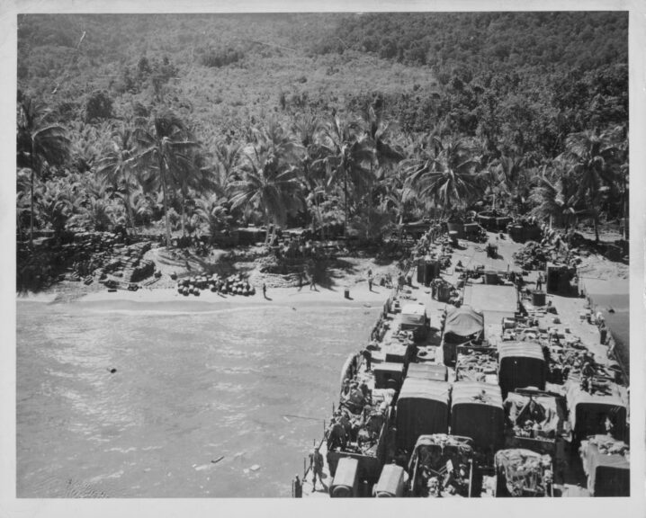 A US Coast Guard manned landing craft, transporting supplies to Hollandia during World War Two, Dutch New Guinea, circa 1943-1945. (Photo by US Coast Guard/Getty Images)