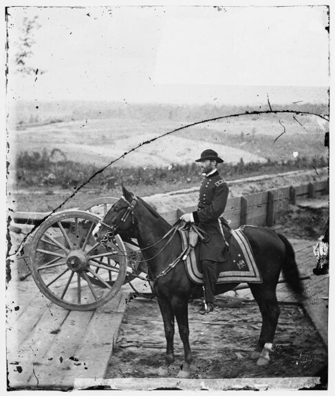 ATLANTA, GA - 1864: In this image from the U.S. Library of Congress, U.S. Gen. William T. Sherman sits on horseback at Federal Fort No. 7 September-November, 1864 in Atlanta, Georgia. (Photo by George N. Barnard/U.S. Library of Congress via Getty Images)