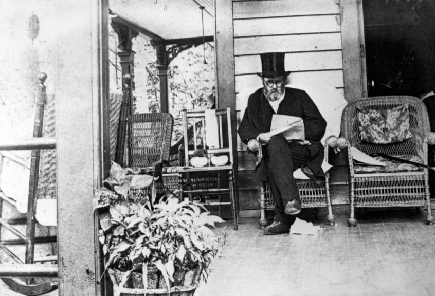 Portrait of Ulysses S Grant, General in the Union army in the American Civil War and then President of the USA, on a house porch reading. Thought to be the last photograph taken of the general before his death, 1890. (Photo by Afro American Newspapers/Gado/Getty Images)