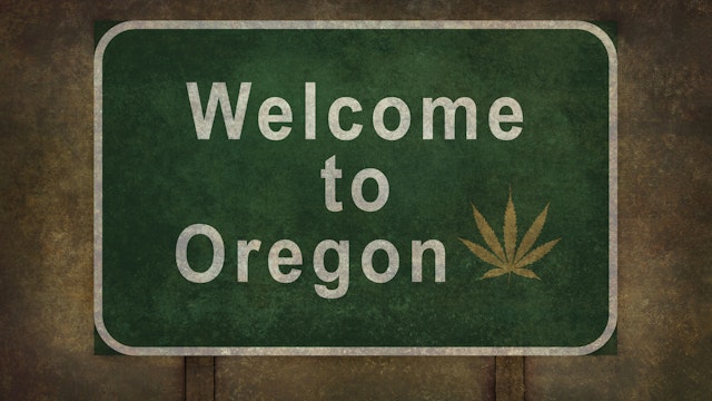 Welcome to Oregon road sign illustration with distressed ominous background and a cannabis leaf insert