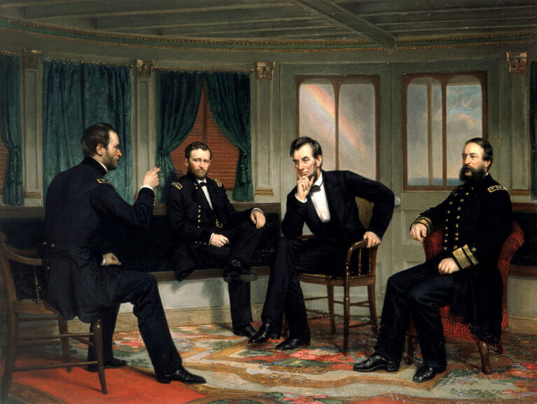 Circa 1868, oil on canvas, 119.7 x 159.1 cm (47.13 x 62.64 in). Located in the White House, Washington, DC, USA. Sherman, Grant, Lincoln, and Porter aboard the River Queen on March 27th & March 28th, 1865. (Photo by VCG Wilson/Corbis via Getty Images)
