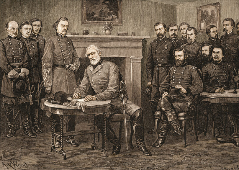 Confederate General Robert E. Lee (1807 - 1870) (center) surrenders to Union General Ulysses S. Grant (1822 - 1885) (seated to right of Lee) at Appomattox Court House, which effectively ended the American Civil War, Virginia, April 9, 1865. (Photo by Stock Montage/Getty Images)