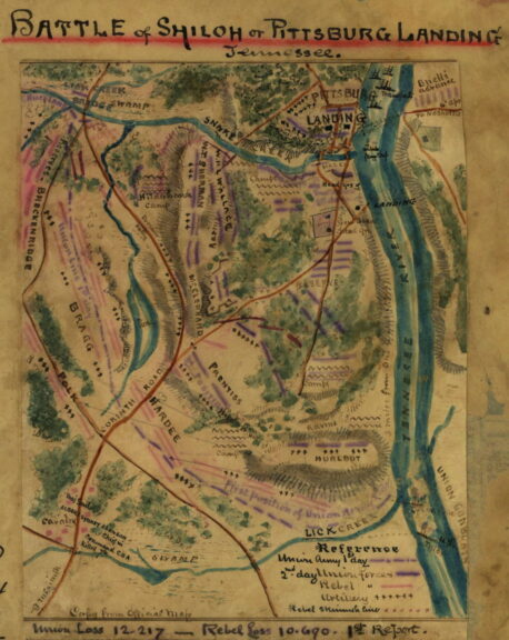 UNITED STATES - CIRCA 1862: The Battle of Shiloh, also known as the Battle of Pittsburg Landing, was a major battle in the Western Theater of the American Civil War, fought on April 6 and April 7, 1862, in southwestern Tennessee. Confederate forces under Generals Albert Sidney Johnston and P.G.T. Beauregard launched a surprise attack against the Union Army of Maj. Gen. Ulysses S. Grant. The Confederates achieved some initial success on the first day but were ultimately defeated on the second day. Hand Drawn Map (Photo by Buyenlarge/Getty Images)