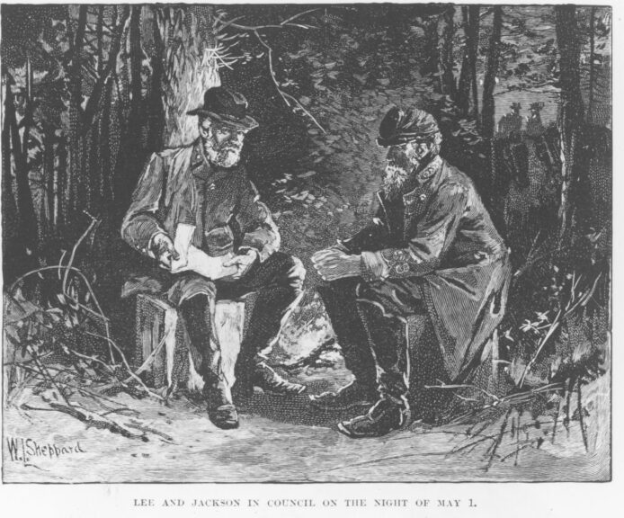 Illustration by William Ludwell Sheppard, captioned 'Lee and Jackson in Council on the Night of May 1,' first published in the four-volume series Battles and Leaders of the Civil War (1887�1888). It depicts Confederate generals Robert E. Lee and Thomas J. 'Stonewall' Jackson at the Battle of Chancellorsville working through plans for the next day's fighting. Chancellorsville, Virginia, USA. 1 May 1863. (photo by Fotosearch/Getty Images).