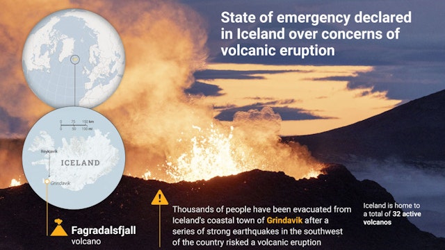 ANKARA, TURKIYE - NOVEMBER 12: An infographic titled ''State of emergency declared in Iceland over concerns of volcanic eruption' created in Ankara, Turkiye on November 12, 2023.Thousands of people have been evacuated from Iceland's coastal town of Grindavik after a series of strong earthquakes in the southwest of the country risked a volcanic eruption. (Photo by Elmurod Usubaliev/Anadolu via Getty Images)