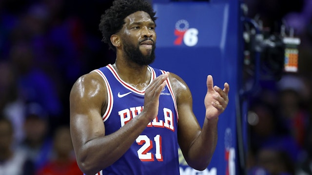 Joel Embiid #21 of the Philadelphia 76ers reacts during the first quarter against the Portland Trail Blazers at Wells Fargo Center on October 29, 2023 in Philadelphia, Pennsylvania.