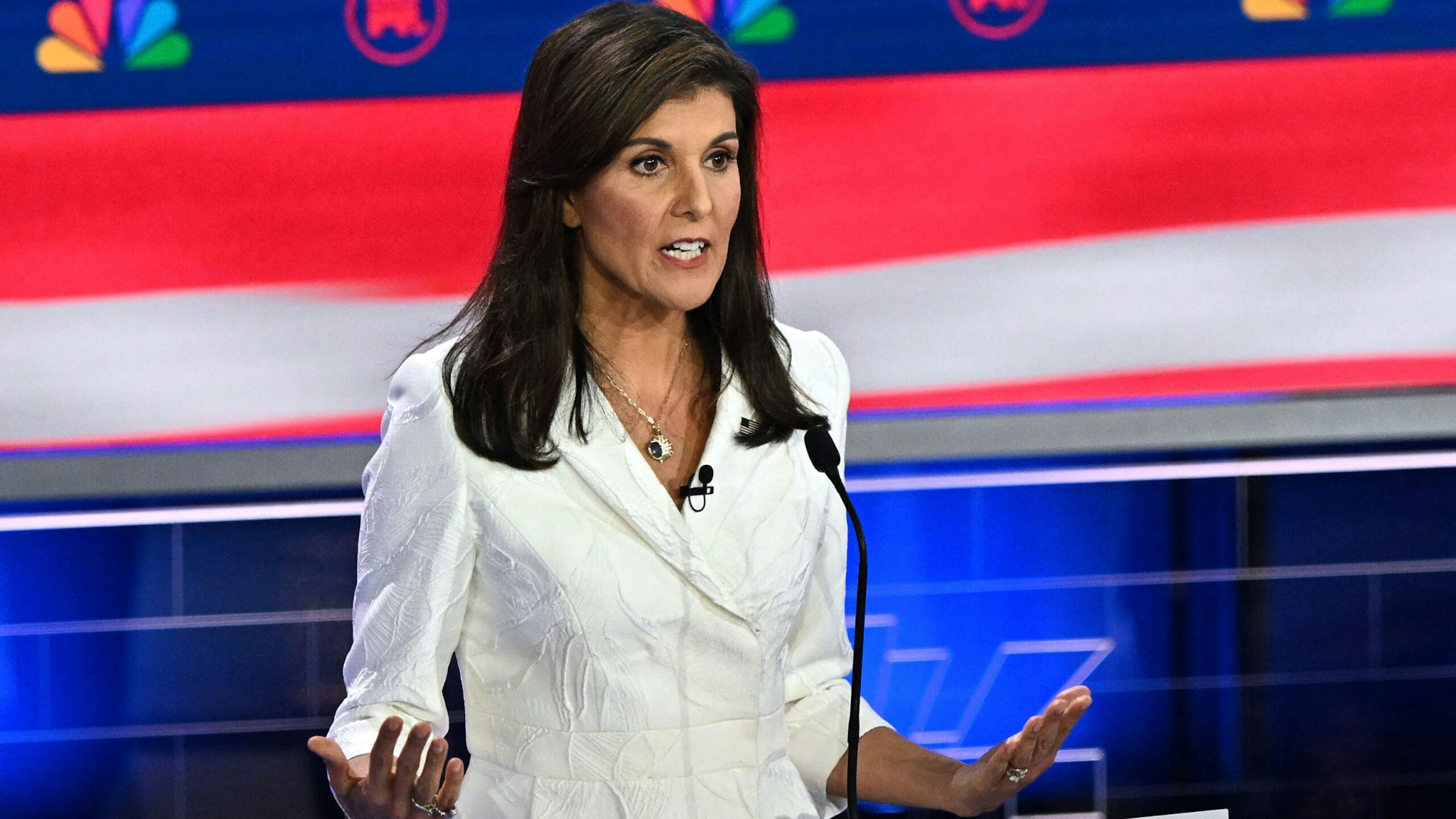 Former Governor of South Carolina and United Nations ambassador Nikki Haley speaks during the third Republican presidential primary debate at the Knight Concert Hall at the Adrienne Arsht Center for the Performing Arts in Miami, Florida, on November 8, 2023.