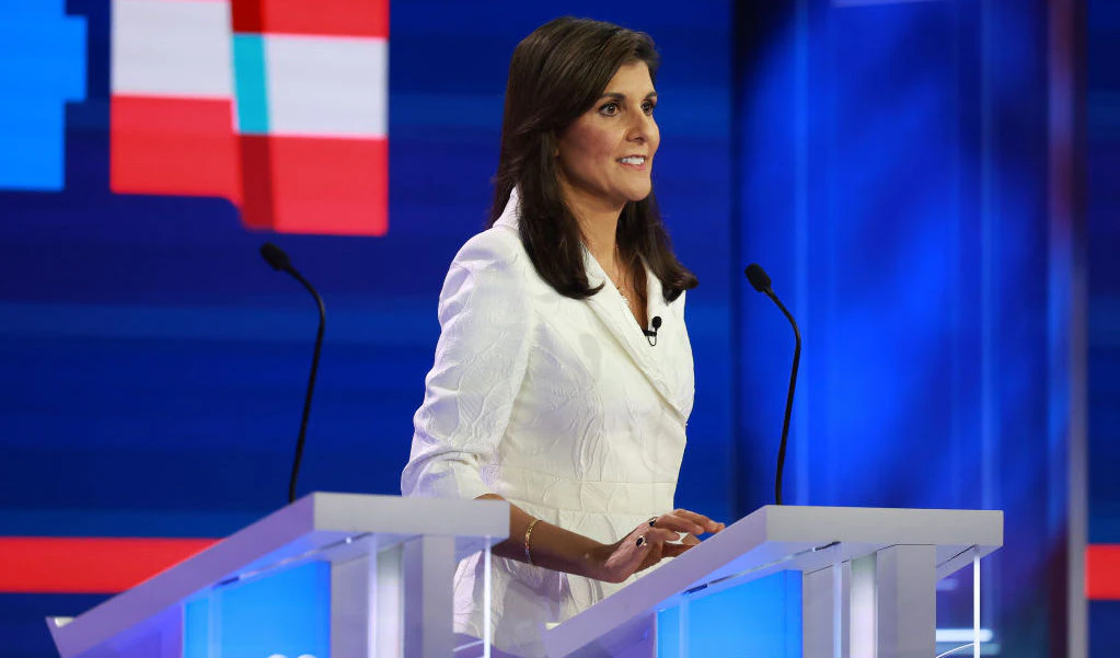 MIAMI, FLORIDA - NOVEMBER 08: Republican presidential candidate former U.N. Ambassador Nikki Haley stands on stage during a break in the NBC News Republican Presidential Primary Debate at the Adrienne Arsht Center for the Performing Arts of Miami-Dade County on November 8, 2023 in Miami, Florida. Five presidential hopefuls squared off in the third Republican primary debate as former U.S. President Donald Trump, currently facing indictments in four locations, declined again to participate. (Photo by Joe Raedle/Getty Images)