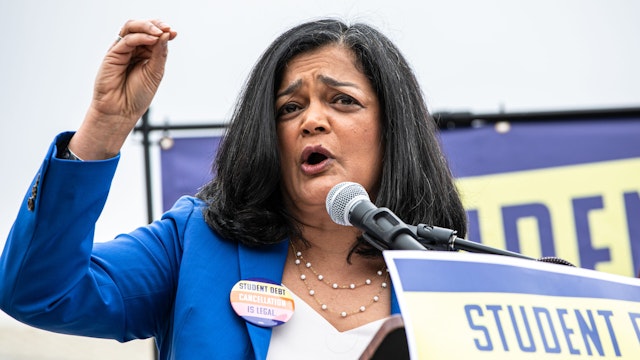Representative Pramila Jayapal, a Democrat from Washington, speaks outside the US Supreme Court in Washington, DC, US, on Tuesday, Feb. 28, 2023. The Supreme Court will hear arguments today in two cases dealing with President Biden's plan to forgive up to $20,000 in student debt per federal borrower.