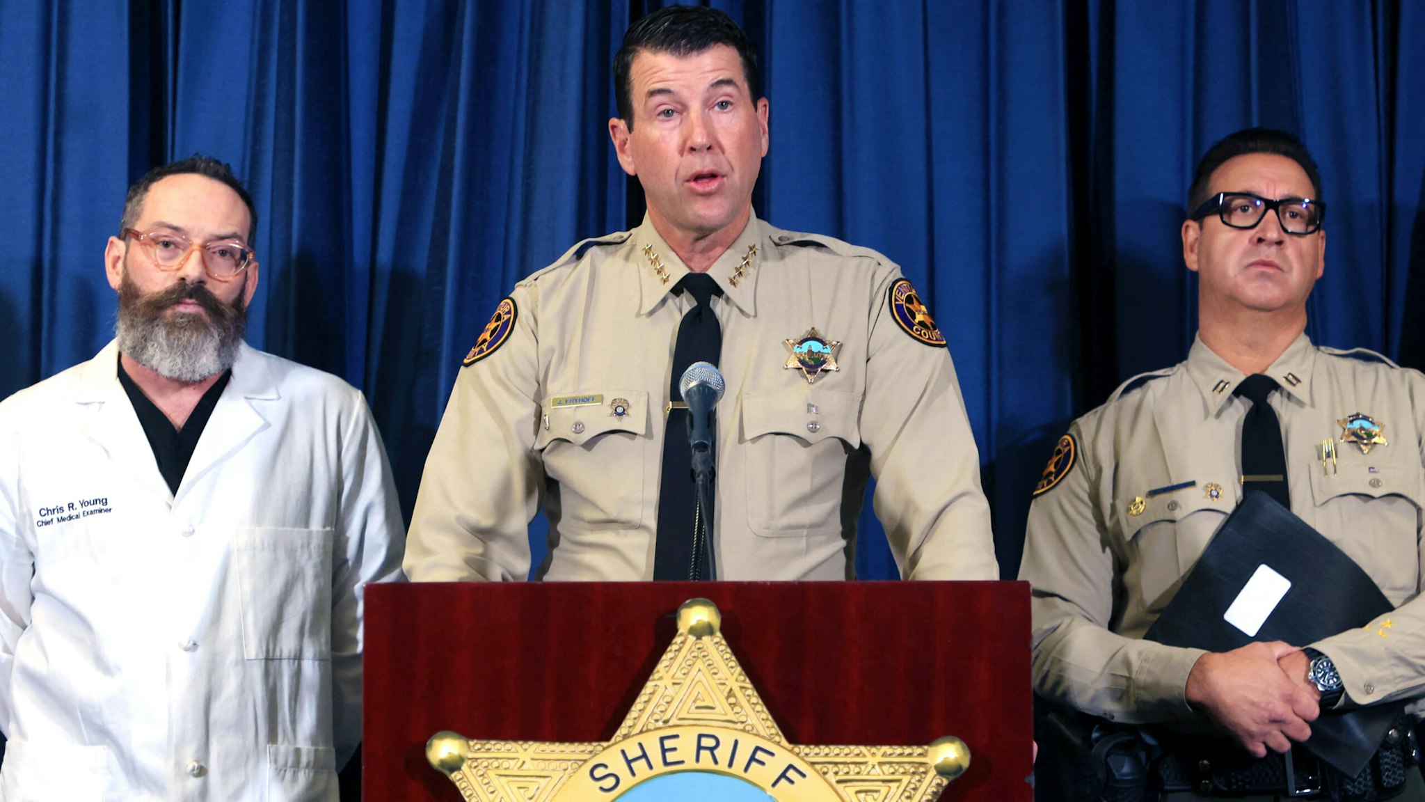 Ventura County Sheriff James Fryhoff speaks during a press conference in Thousand Oaks, California, on November 7, 2023, about the death of Paul Kessler. Law enforcement officials in California said November 6 they were investigating the death of Kessler, 69, a Jewish man, who died after an altercation at dueling pro-Israel and pro-Palestinian rallies.