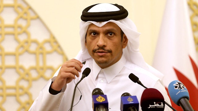 Qatar's Foreign Minister Sheikh Mohammed bin Abdulrahman bin Jassim al-Thani speaks during a joint press conference with his French counterpart in Doha on March 28, 2022.