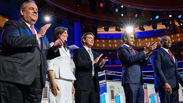 (From L) Former Governor of New Jersey Chris Christie, former Governor from South Carolina and UN ambassador Nikki Haley, Florida Governor Ron DeSantis, entrepreneur Vivek Ramaswamy, and US Senator from South Carolina Tim Scott attend the third Republican presidential primary debate at the Knight Concert Hall at the Adrienne Arsht Center for the Performing Arts in Miami, Florida, on November 8, 2023.