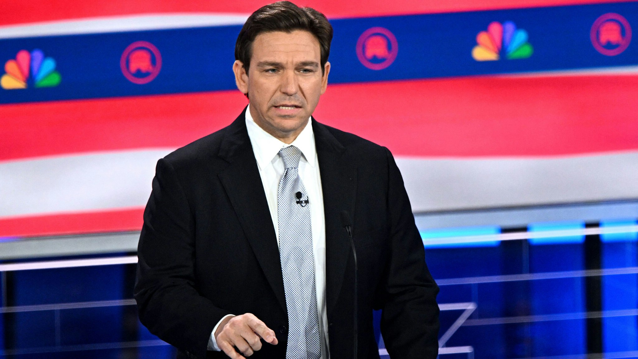 Florida Governor Ron DeSantis speaks during the third Republican presidential primary debate at the Knight Concert Hall at the Adrienne Arsht Center for the Performing Arts in Miami, Florida, on November 8, 2023.