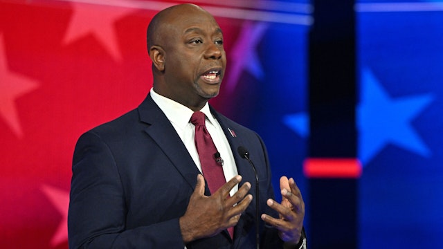 US Senator from South Carolina Tim Scott speaks during the third Republican presidential primary debate at the Knight Concert Hall at the Adrienne Arsht Center for the Performing Arts in Miami, Florida, on November 8, 2023.