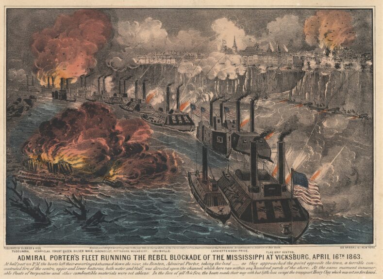 "Admiral Porter's Fleet Running The Rebel Blockade Of The Mississippi At Vicksburg, April 16th 1863." Hand colored lithograph by Currier and Ives, New York, 1863. Missouri History Museum Photograph and Prints collection. Civil War. P0084-1183.
