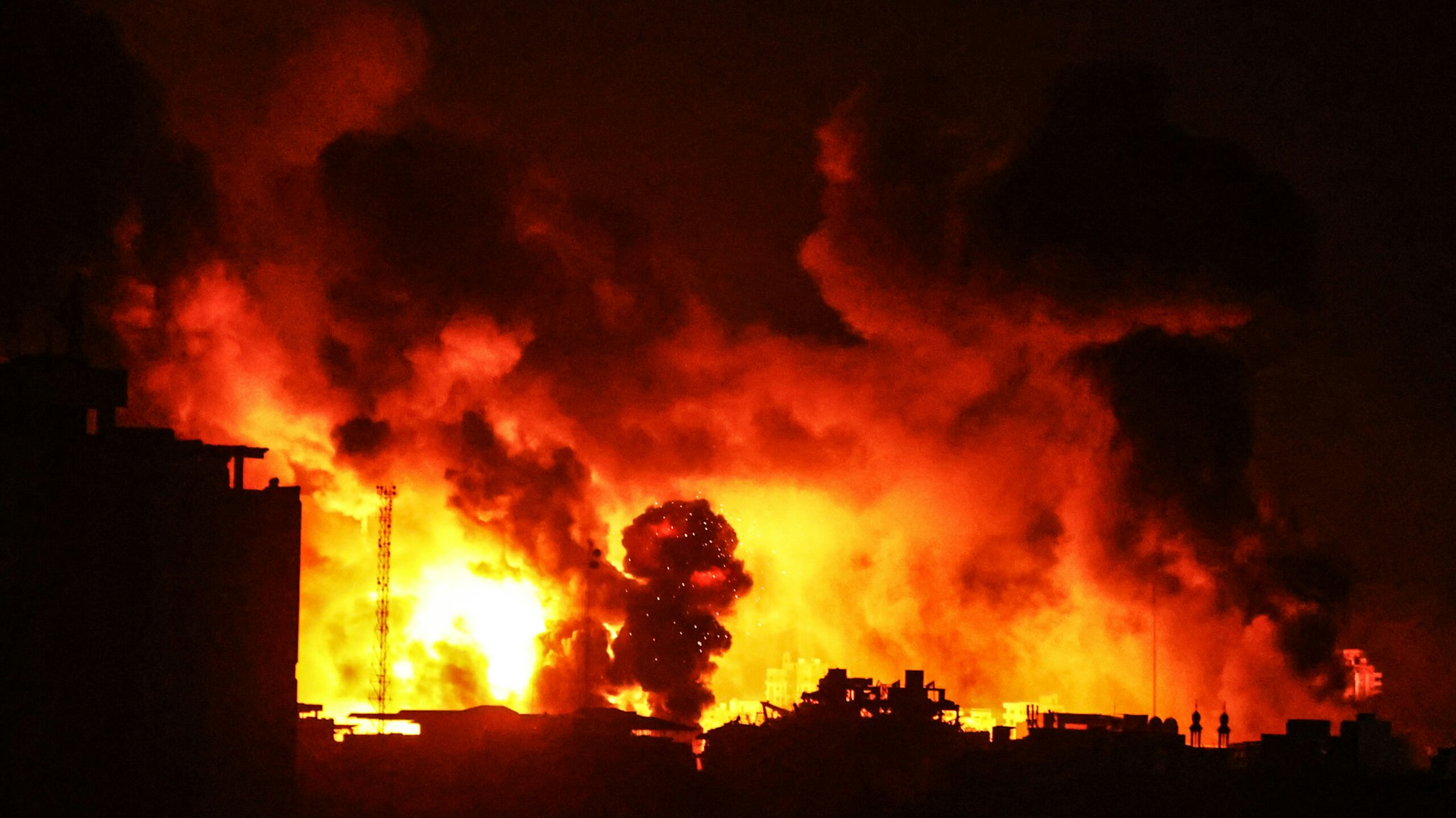 GAZA STRIP, GAZA - NOVEMBER 05: Smoke and flames rise as a result of Israeli attacks in Gaza City, Gaza on November 05, 2023.