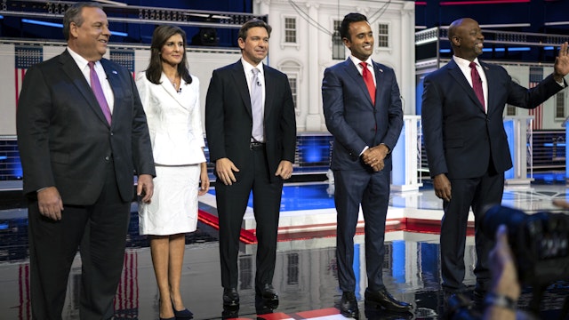 MIAMI, FL - NOVEMBER 08: The candidates take the stage at the third Republican debate at the Adrienne Arsht Center for the Performing Arts in Miami, Fla. on Wednesday, November 8, 2023. Pictured are, left, to right, New Jersey Gov. Chris Christie, former United Nations Ambassador Nikki Haley, Florida Gov. Ron DeSantis, businessman Vivek Ramaswamy and Sen. Tim Scott of South Carolina.