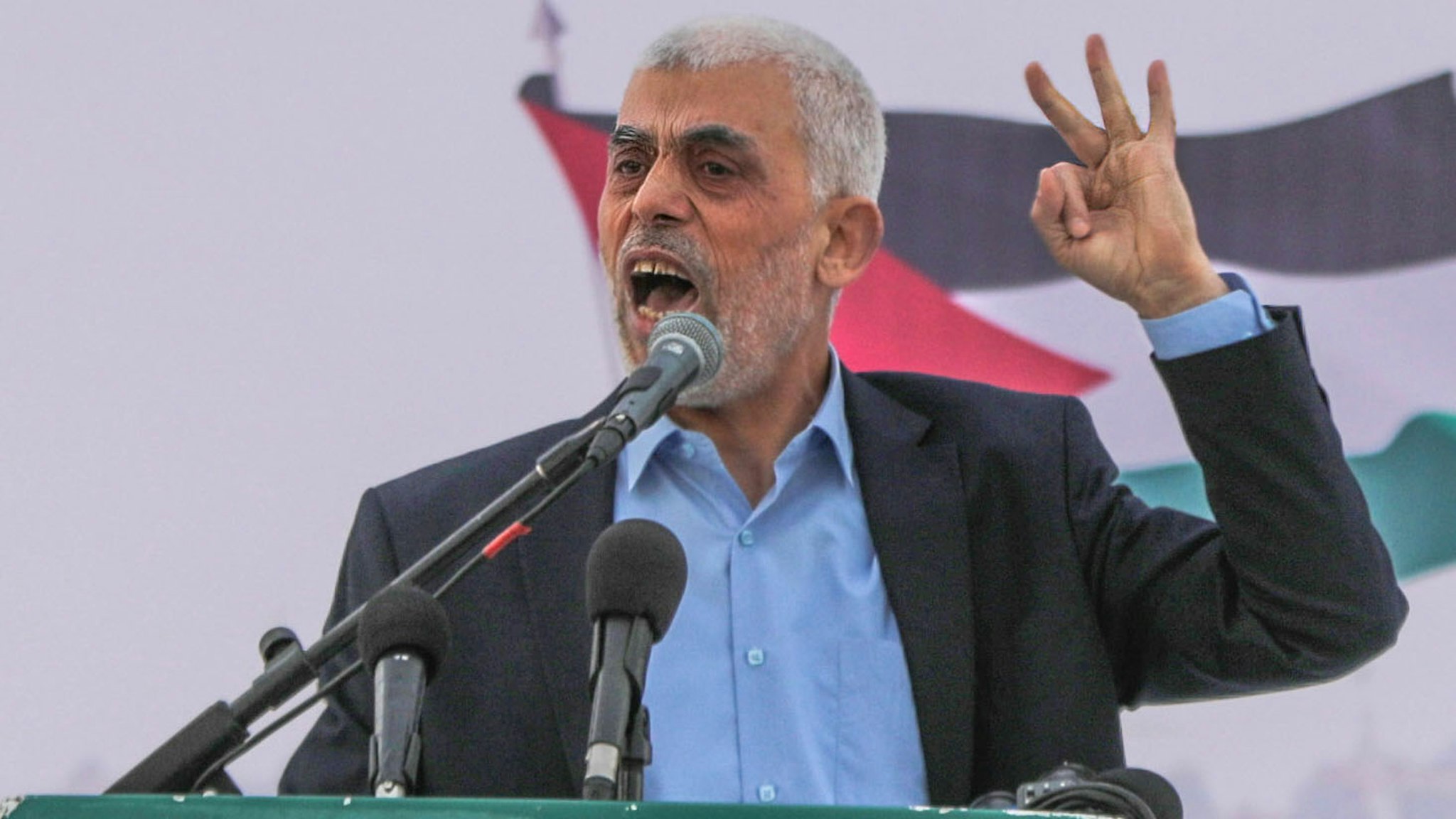 GAZA, PALESTINE - 2023/04/14: Yahya Sinwar, chief of the Palestinian Islamist Hamas movement in Gaza, delivers a speech during a rally marking "Jerusalem Day," or Al-Quds Day. The chief of the Palestinian Islamist Hamas movement in Gaza, Yahya Sinwar delivered a historic address to the Palestinian people of Gaza, telling them to stick up to the fighting against Israel in a speech that reflected his country's support for the territory's ruling Hamas militant group. Al-Quds (Jerusalem) Day is a commemoration day in support of the Palestinian people held annually on the last Friday of the Muslim fasting month of Ramadan by an initiative started by the late founder of the Islamic Republic in Iran.