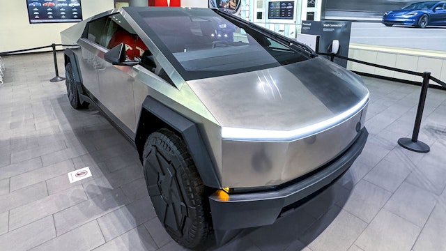 A Tesla Cybertruck at a Tesla store in San Jose, California, US, on Tuesday, Nov. 28, 2023. The first Cybertruck customers will receive the vehicles during a launch event at Tesla's Austin headquarters this week.