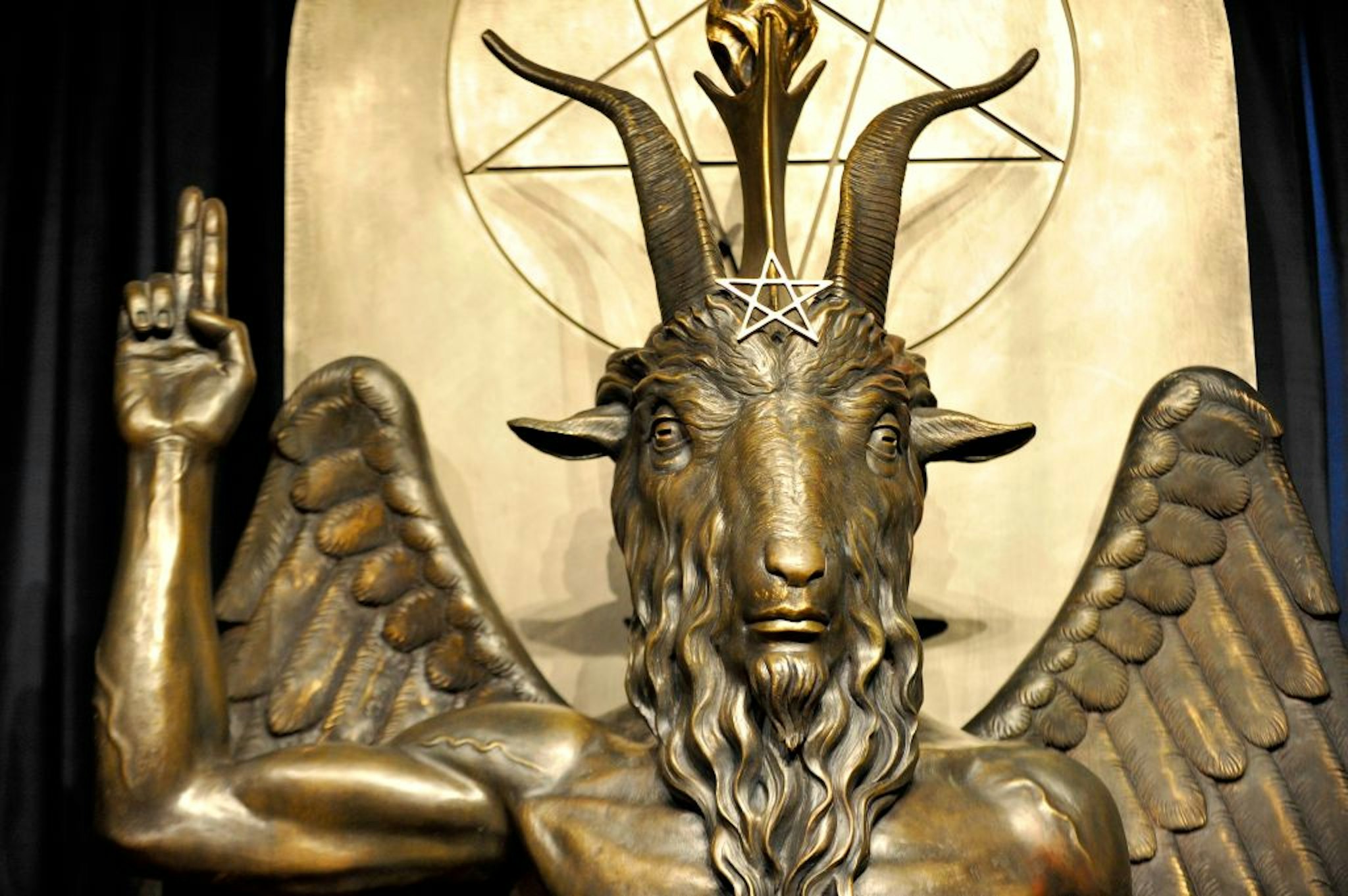 The Baphomet statue is seen in the conversion room at the Satanic Temple where a "Hell House" is being held in Salem, Massachusett on October 8, 2019. - The Hell House was a parody on a Christian Conversion centre meant to scare atheist and other Satanic Church members. (Photo by Joseph Prezioso / AFP) (Photo by JOSEPH PREZIOSO/AFP via Getty Images)