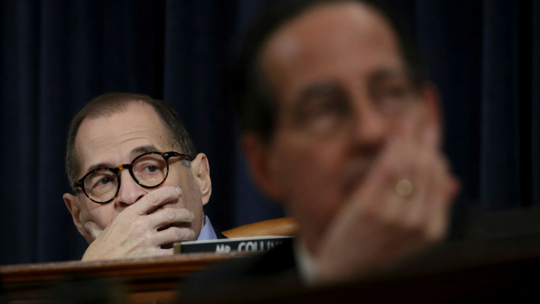 WASHINGTON, DC DECEMBER 11: (L-R) House Judiciary Committee Chairman Jerry Nadler (D-NY) and Rep. Jamie Raskin listen to opening statements during a committee markup hearing on the articles of impeachment against U.S. President Donald Trump in the Longworth House Office Building on Capitol Hill December 11, 2019 in Washington, DC. The articles of impeachment charge Trump with abuse of power and obstruction of Congress. House Democrats claim that Trump posed a 'clear and present danger' to national security and the 2020 election in his dealings with Ukraine over the past year. (Photo by Drew Angerer/GettyImages)