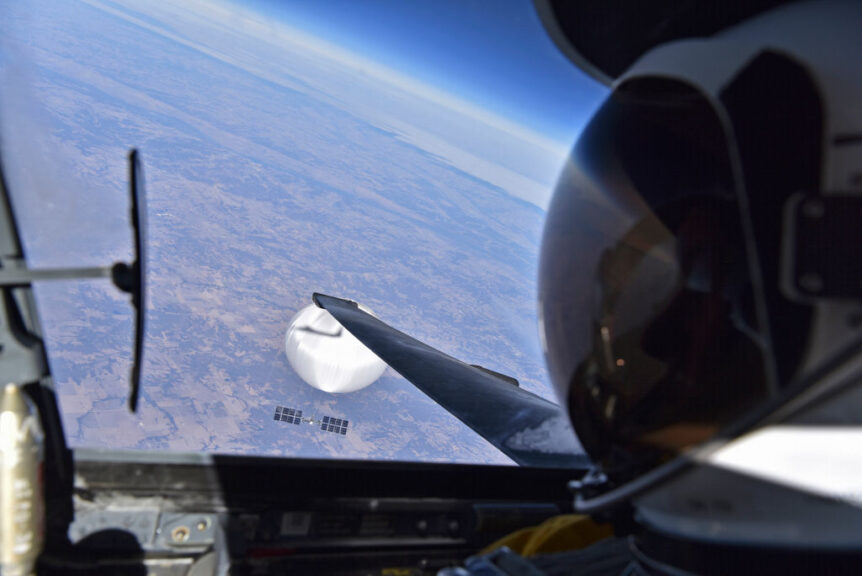 IN FLIGHT - FEBRUARY 3: In this handout image provided by the Department of Defense, a U.S. Air Force U-2 pilot looks down at the suspected Chinese surveillance balloon on February 3, 2023 as it hovers over the Central Continental United States. Recovery efforts began shortly after the balloon was downed. (Photo by U.S. Department of Defense via Getty Images)
