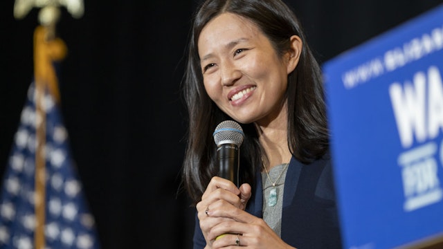 Michelle Wu, mayor of Boston, during a town hall event with Senator Elizabeth Warren, a Democrat from Massachusetts, in Roxbury, Massachusetts, US, on Wednesday, April 12, 2023. Warren formally announced she's seeking a third term in 2024, vowing to continue pressing a progressive agenda that includes stricter rules on banks in the wake of the recent collapse of Silicon Valley Bank and Signature Bank. Photographer: M. Scott Brauer/Bloomberg via Getty Images