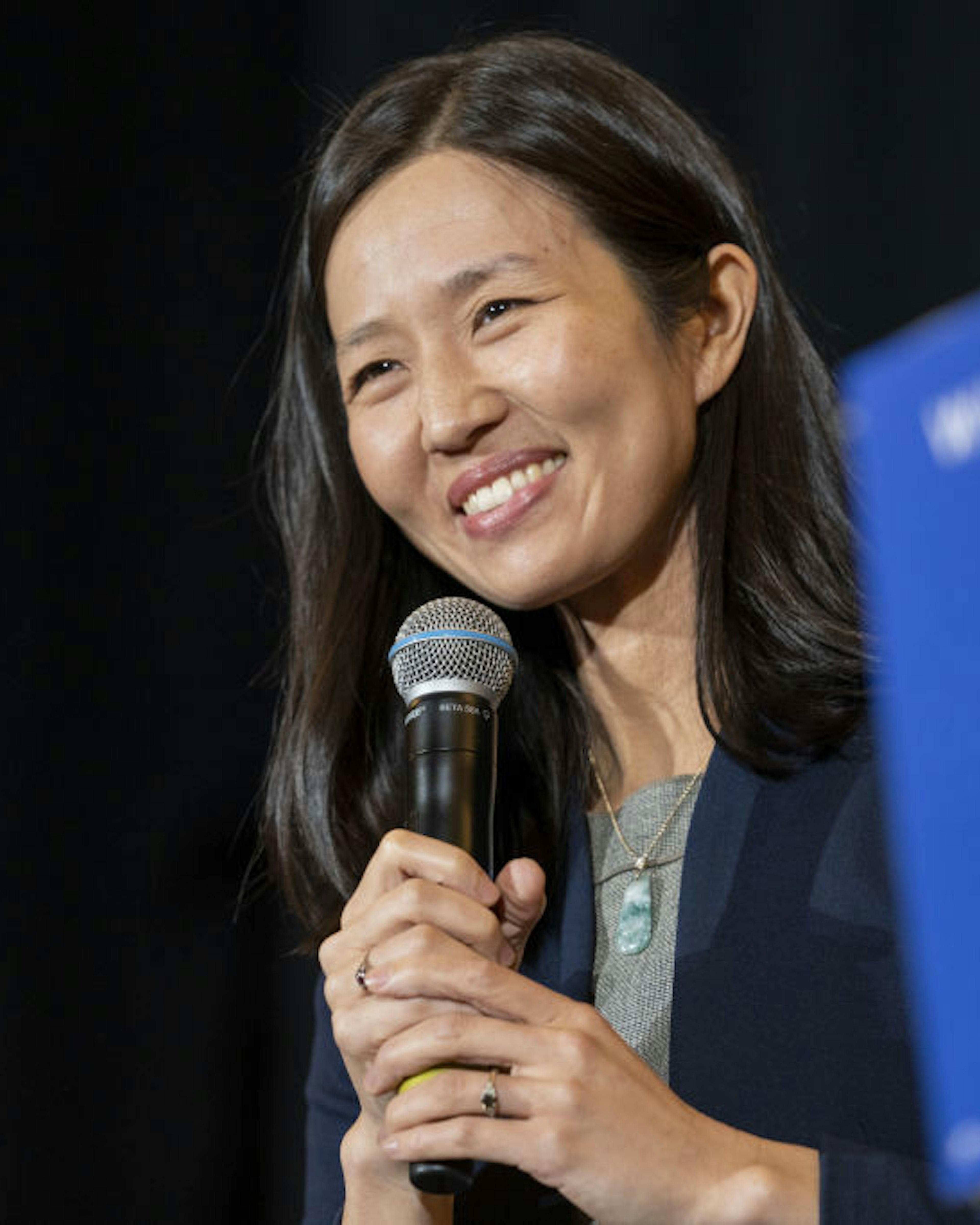 Michelle Wu, mayor of Boston, during a town hall event with Senator Elizabeth Warren, a Democrat from Massachusetts, in Roxbury, Massachusetts, US, on Wednesday, April 12, 2023. Warren formally announced she's seeking a third term in 2024, vowing to continue pressing a progressive agenda that includes stricter rules on banks in the wake of the recent collapse of Silicon Valley Bank and Signature Bank. Photographer: M. Scott Brauer/Bloomberg via Getty Images