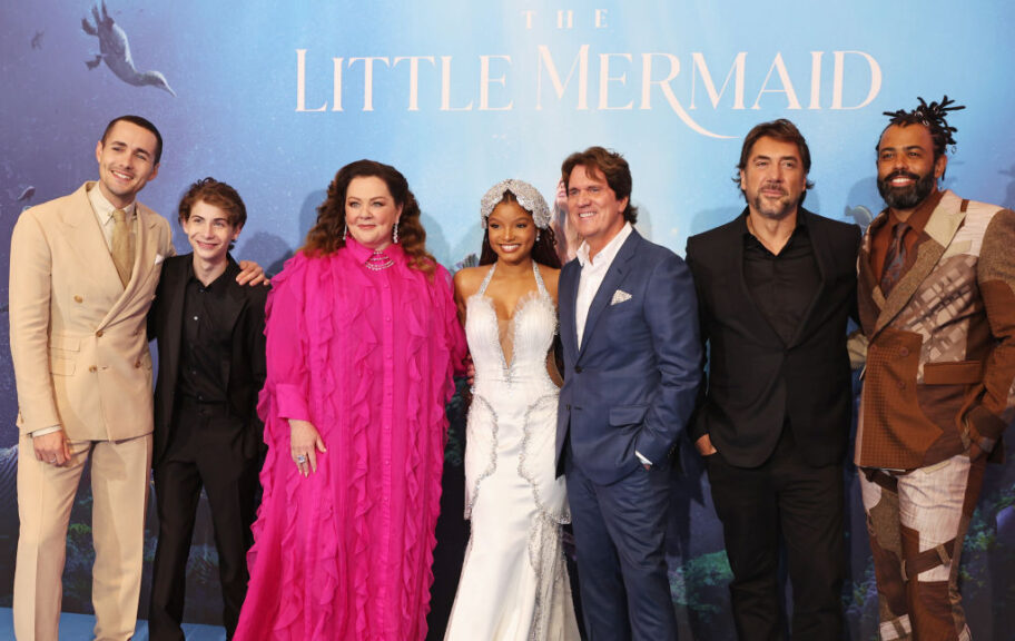 LONDON, ENGLAND - MAY 15: (L to R) Jonah Hauer-King, Jacob Tremblay, Melissa McCarthy, Halle Bailey, Rob Marshall, Javier Bardem and Daveed Diggs attend the UK Premiere of "The Little Mermaid" at Odeon Luxe Leicester Square on May 15, 2023 in London, England. (Photo by Hoda Davaine/Dave Benett/WireImage)