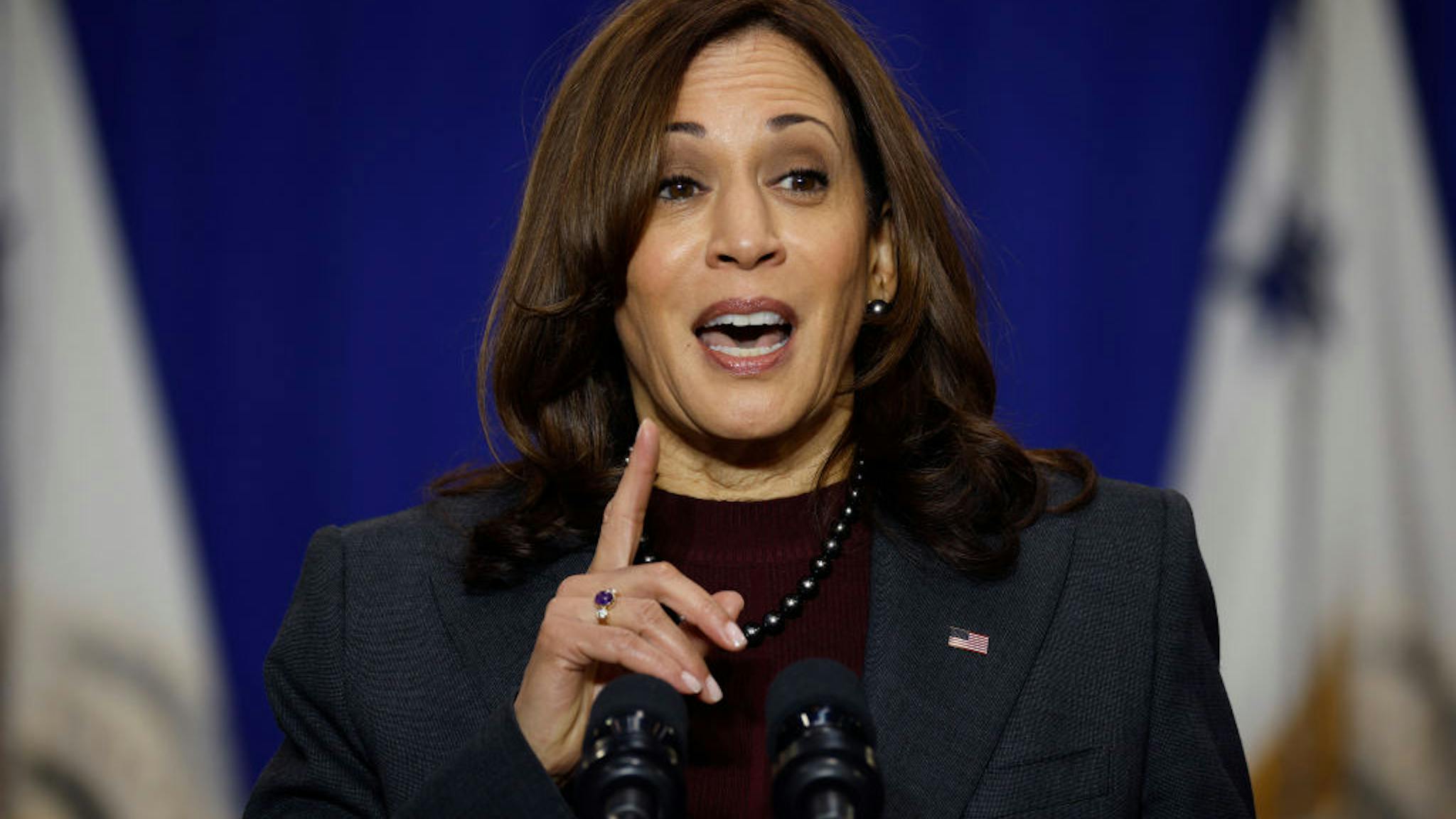 Vice President Harris Tours Electric Vehicles In Maryland BRANDYWINE, MARYLAND - DECEMBER 13: U.S. Vice President Kamala Harris delivers remarks at the Prince George’s County Brandywine Maintenance Facility on December 13, 2021 in Brandywine, Maryland. The county is working to electrify its entire vehicle fleet. During the visit Harris announced the Biden Administration's new Electric Vehicle Charging Action Plan that works to fast-track investments from the Bipartisan Infrastructure Law and create a joint electric vehicles office between the departments of Energy and Transportation. (Photo by Chip Somodevilla/Getty Images)