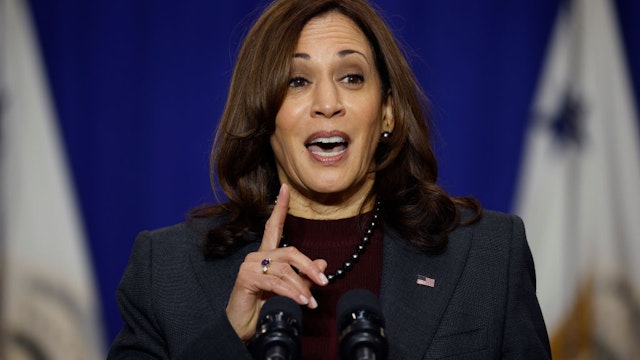BRANDYWINE, MARYLAND - DECEMBER 13: U.S. Vice President Kamala Harris delivers remarks at the Prince George’s County Brandywine Maintenance Facility on December 13, 2021 in Brandywine, Maryland. The county is working to electrify its entire vehicle fleet. During the visit Harris announced the Biden Administration's new Electric Vehicle Charging Action Plan that works to fast-track investments from the Bipartisan Infrastructure Law and create a joint electric vehicles office between the departments of Energy and Transportation. (Photo by Chip Somodevilla/Getty Images)