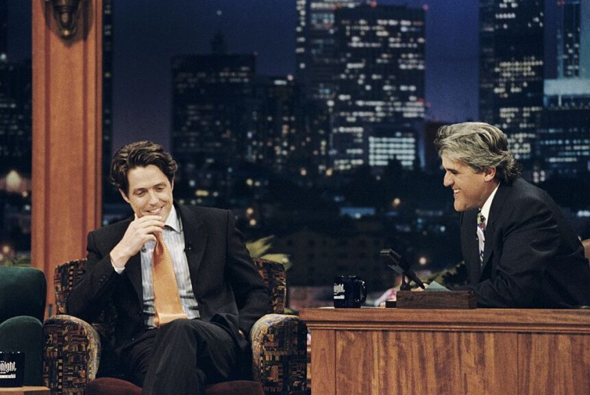 THE TONIGHT SHOW WITH JAY LENO -- Episode 725 -- Pictured: (l-r) Actor Hugh Grant during an interview with and host Jay Leno on July 10, 1995 -- Photo by: Margaret Norton/NBCU Photo Bank