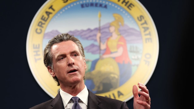 SACRAMENTO, CALIFORNIA - FEBRUARY 01: California Gov. Gavin Newsom speaks during a press conference on February 01, 2023 in Sacramento, California. California Gov. Gavin Newsom, state Attorney General Rob Bonta, state Senator Anthony Portantino (D-Burbank) and other state leaders announced SB2 - a new gun safety legislation that would establish stricter standards for Concealed Carry Weapon (CCW) permits to carry a firearm in public. The bill designates "sensitive areas," like bars, amusement parks and child daycare centers where guns would not be allowed.
