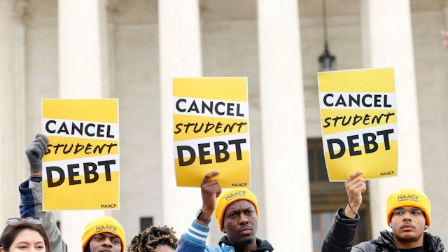 WASHINGTON, DC - FEBRUARY 28: Student loan borrowers and advocates gather for the People's Rally To Cancel Student Debt During The Supreme Court Hearings On Student Debt Relief on February 28, 2023 in Washington, DC. (Photo by Jemal Countess/Getty Images for People's Rally to Cancel Student Debt )