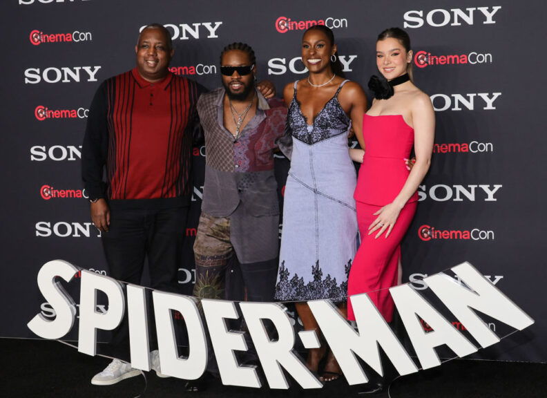 LAS VEGAS, NEVADA - APRIL 24: (L-R) Kemp Powers, Shameik Moore, Issa Rae and Hailee Steinfeld promote the upcoming film "Spider-Man: Across the Spider-Verse" at the Sony Pictures Entertainment presentation during CinemaCon, the official convention of the National Association of Theatre Owners, at The Colosseum at Caesars Palace on April 24, 2023 in Las Vegas, Nevada. (Photo by Ethan Miller/Getty Images)