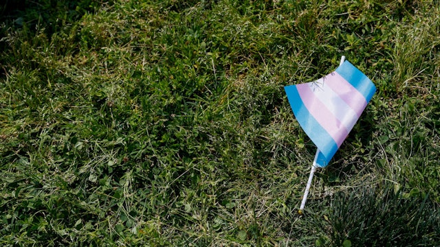 WASHINGTON, DC - MAY 22: A transgender flag sits on the grass during the "Trans Youth Prom" outside of the U.S. Capitol building on May 22, 2023 in Washington, DC. Trans and non-binary youth gathered to hold a Prom-like event that included music, dancing, and speeches. After the Prom, the kids and their families marched to the U.S. Supreme Court Building. (Photo by Anna Moneymaker/Getty Images)