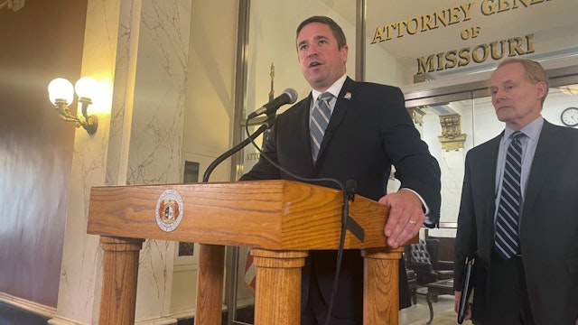 Missouri Attorney General Andrew Bailey speaks to reporters during a press conference on May 3, 2023. He was joined by Bill Corrigan, right, the stateâs deputy attorney general.