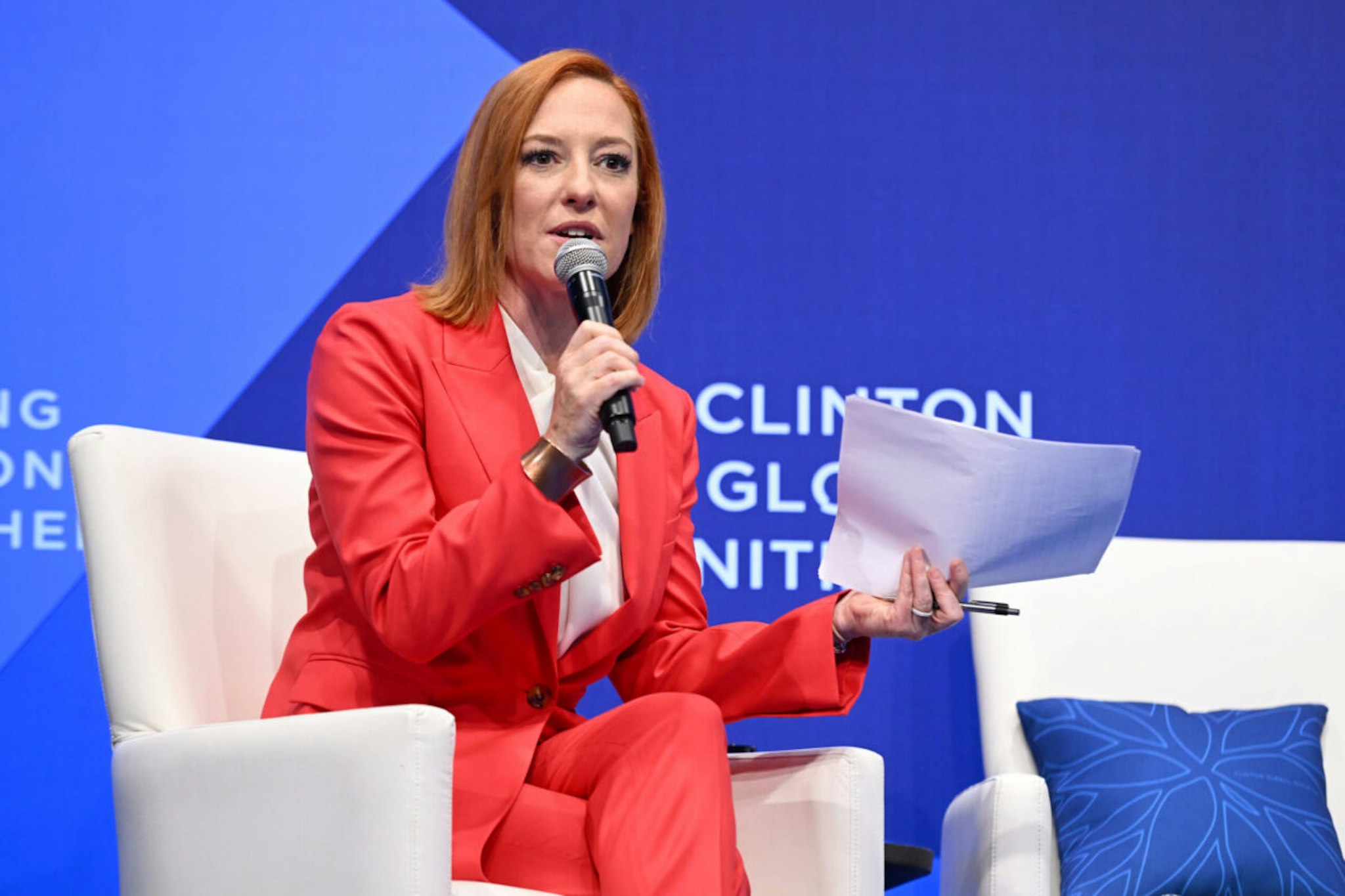 Jen Psaki participates in the session "Women’s Rights are Human Rights: How to Provide Abortion Care in a Post-Dobbs World" during the Clinton Global Initiative September 2023 Meeting at New York Hilton Midtown on September 19, 2023 in New York City.