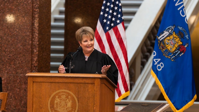 MADISON, WISCONSIN - August 1: Janet Protasiewicz, 60, speaks during her swearing in ceremony State Supreme Court Justice at the Wisconsin Capitol rotunda in Madison, Wis. on August 1, 2023. (