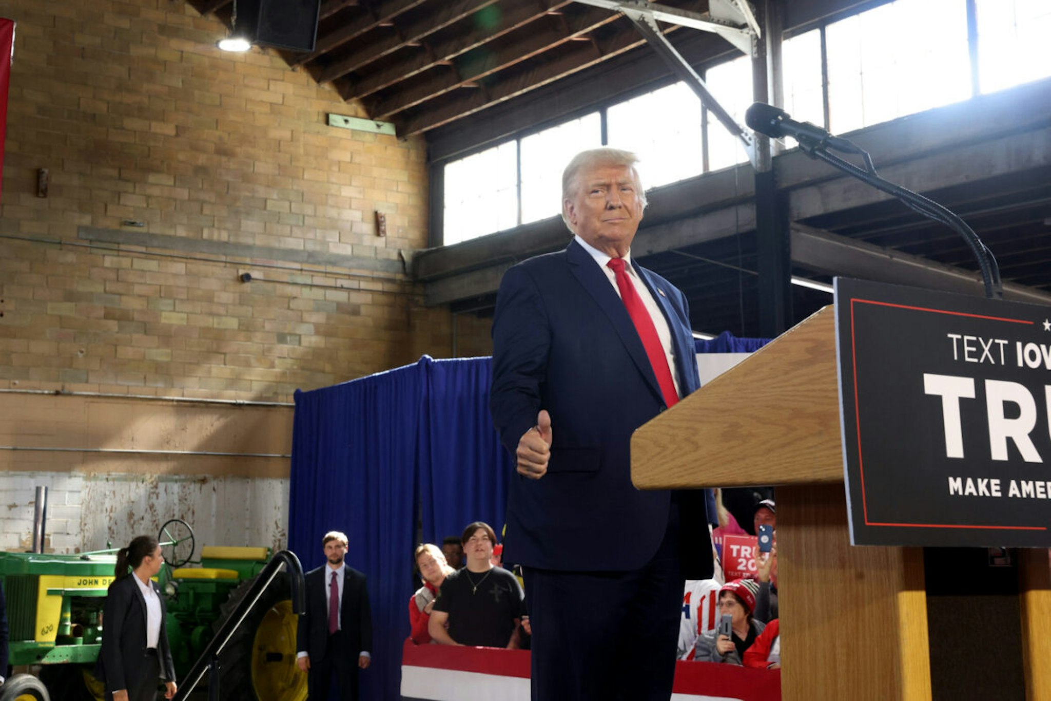 WATERLOO, IOWA - OCTOBER 07: Republican presidential candidate former President Donald Trump arrives for a rally on October 07, 2023 in Waterloo, Iowa. The rally is the first of two scheduled with the former president in Iowa today.