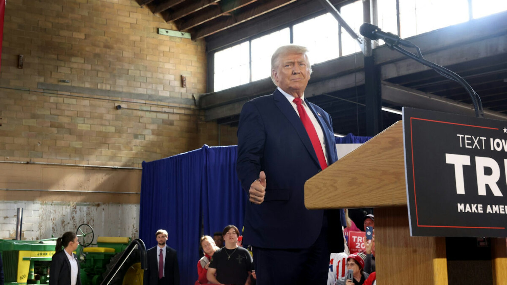 WATERLOO, IOWA - OCTOBER 07: Republican presidential candidate former President Donald Trump arrives for a rally on October 07, 2023 in Waterloo, Iowa. The rally is the first of two scheduled with the former president in Iowa today.