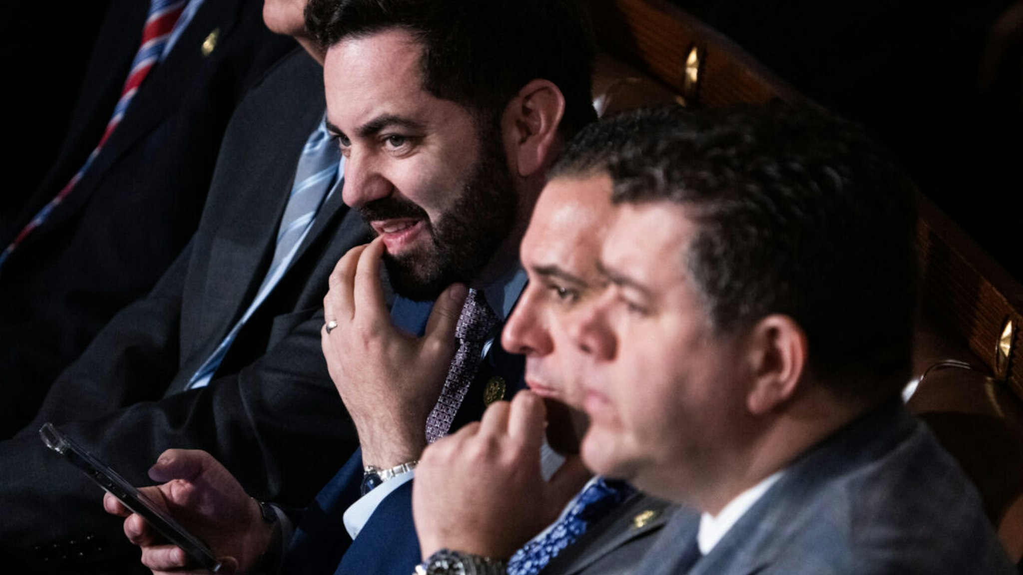 From left, Reps. Mike Lawler, R-N.Y., Anthony D'Esposito, R-N.Y., and Nick Lalota, R-N.Y., are seen on the House floor of the U.S. Capitol during a second ballot in which Rep. Jim Jordan, R-Ohio, Republican nominee for speaker, failed to receive enough votes to win the position on Wednesday, October 18, 2023.